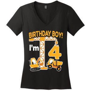 Construction Truck 4nd Birthday 4 Year Old Boy Excavator Women's V-Neck T-Shirt