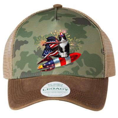 Cat Tuxedo 4th Of July Rocket With Fireworks USA Patriotic Legacy Tie Dye Trucker Hat