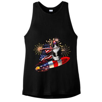Cat Tuxedo 4th Of July Rocket With Fireworks USA Patriotic Ladies PosiCharge Tri-Blend Wicking Tank