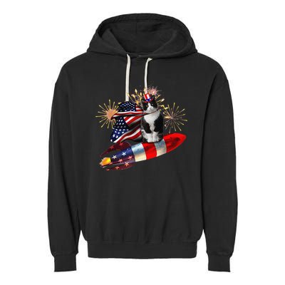 Cat Tuxedo 4th Of July Rocket With Fireworks USA Patriotic Garment-Dyed Fleece Hoodie
