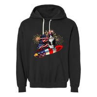 Cat Tuxedo 4th Of July Rocket With Fireworks USA Patriotic Garment-Dyed Fleece Hoodie
