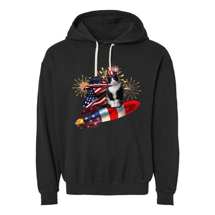 Cat Tuxedo 4th Of July Rocket With Fireworks USA Patriotic Garment-Dyed Fleece Hoodie