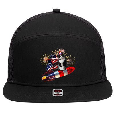 Cat Tuxedo 4th Of July Rocket With Fireworks USA Patriotic 7 Panel Mesh Trucker Snapback Hat
