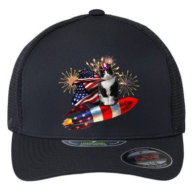 Cat Tuxedo 4th Of July Rocket With Fireworks USA Patriotic Flexfit Unipanel Trucker Cap