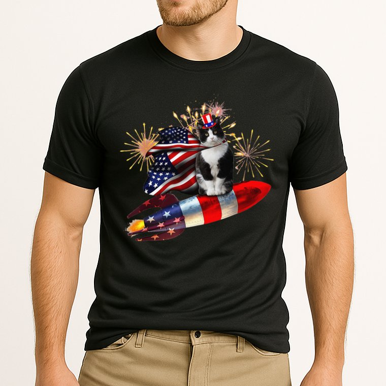 Cat Tuxedo 4th Of July Rocket With Fireworks USA Patriotic Performance Shirt