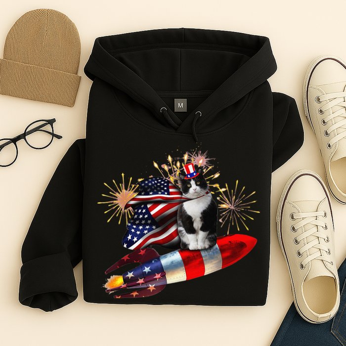 Cat Tuxedo 4th Of July Rocket With Fireworks USA Patriotic Hoodie