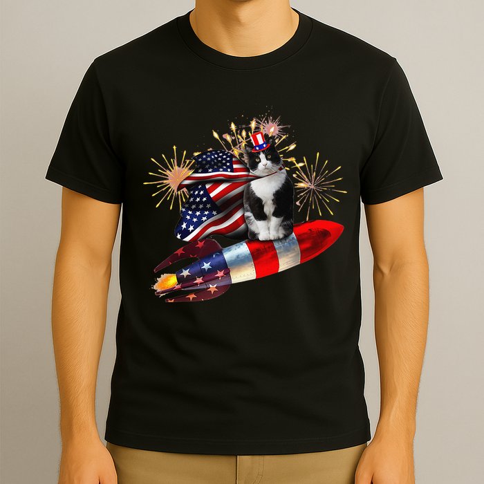 Cat Tuxedo 4th Of July Rocket With Fireworks USA Patriotic T-Shirt