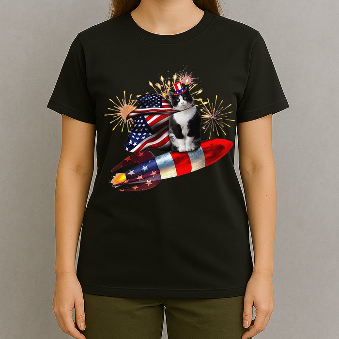 Cat Tuxedo 4th Of July Rocket With Fireworks USA Patriotic T-Shirt