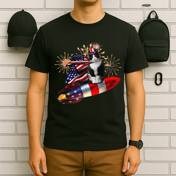 Cat Tuxedo 4th Of July Rocket With Fireworks USA Patriotic T-Shirt