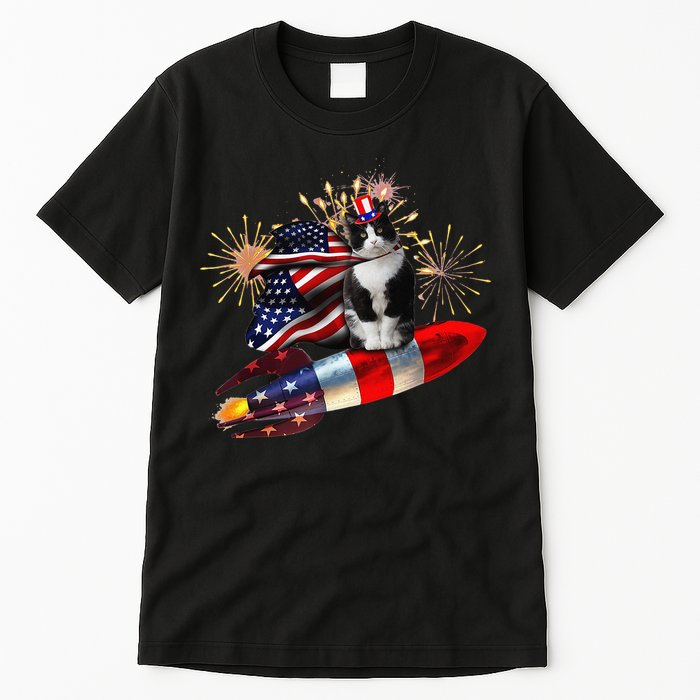 Cat Tuxedo 4th Of July Rocket With Fireworks USA Patriotic Tall T-Shirt