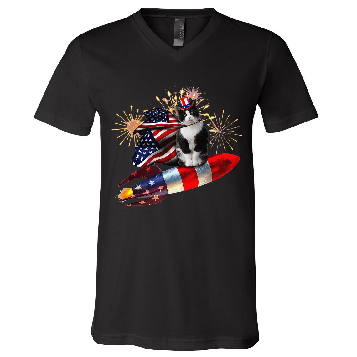 Cat Tuxedo 4th Of July Rocket With Fireworks USA Patriotic V-Neck T-Shirt