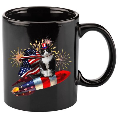 Cat Tuxedo 4th Of July Rocket With Fireworks USA Patriotic 11oz C Handle Ceramic Mug
