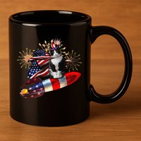 Cat Tuxedo 4th Of July Rocket With Fireworks USA Patriotic 11oz C Handle Ceramic Mug