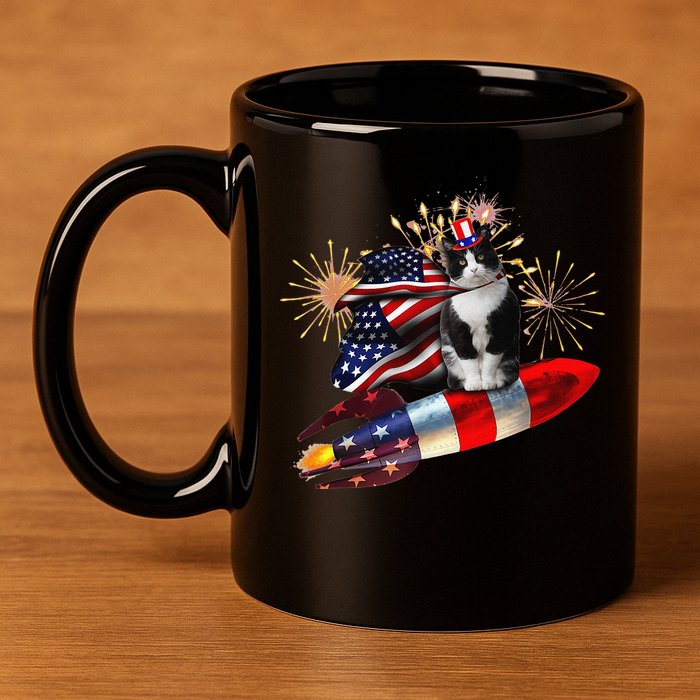 Cat Tuxedo 4th Of July Rocket With Fireworks USA Patriotic 11oz C Handle Ceramic Mug
