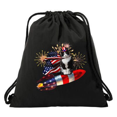 Cat Tuxedo 4th Of July Rocket With Fireworks USA Patriotic Drawstring Bag