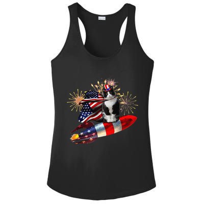 Cat Tuxedo 4th Of July Rocket With Fireworks USA Patriotic Ladies PosiCharge Competitor Racerback Tank
