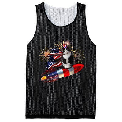 Cat Tuxedo 4th Of July Rocket With Fireworks USA Patriotic Mesh Reversible Basketball Jersey Tank