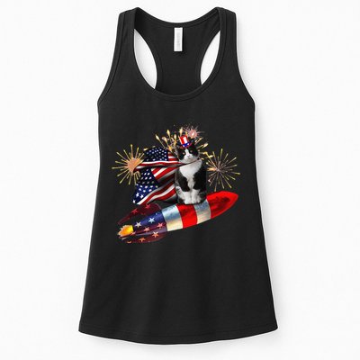 Cat Tuxedo 4th Of July Rocket With Fireworks USA Patriotic Womens Tank Top