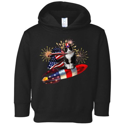 Cat Tuxedo 4th Of July Rocket With Fireworks USA Patriotic Toddler Hoodie