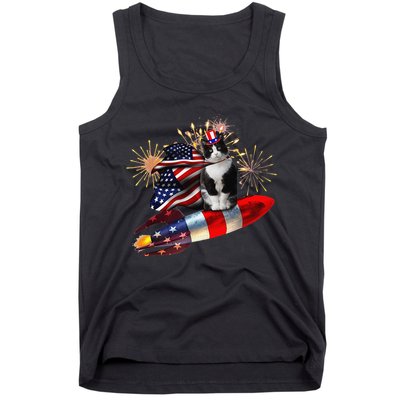 Cat Tuxedo 4th Of July Rocket With Fireworks USA Patriotic Tank Top