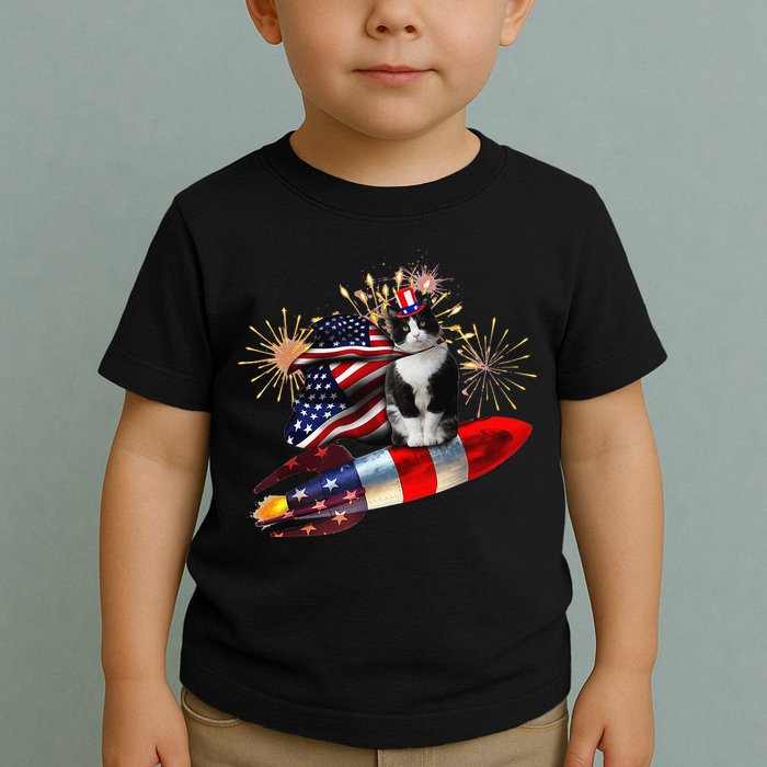 Cat Tuxedo 4th Of July Rocket With Fireworks USA Patriotic Toddler T-Shirt