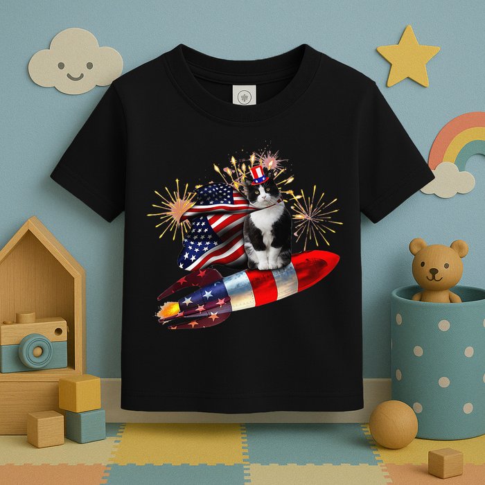 Cat Tuxedo 4th Of July Rocket With Fireworks USA Patriotic Toddler T-Shirt