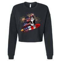Cat Tuxedo 4th Of July Rocket With Fireworks USA Patriotic Cropped Pullover Crew