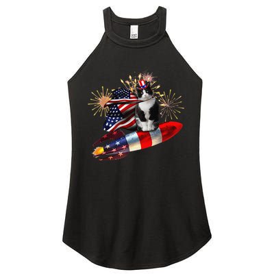 Cat Tuxedo 4th Of July Rocket With Fireworks USA Patriotic Women's Perfect Tri Rocker Tank