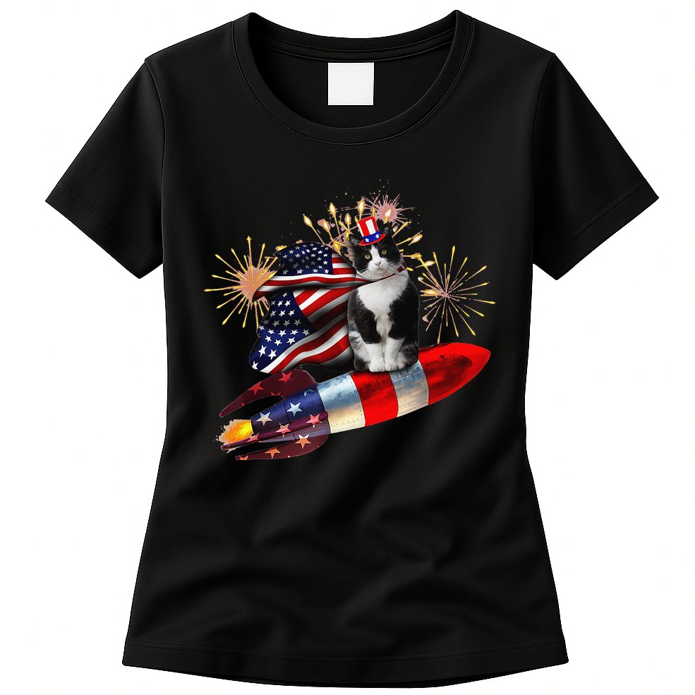 Cat Tuxedo 4th Of July Rocket With Fireworks USA Patriotic Womens T-Shirt