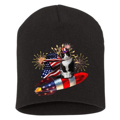 Cat Tuxedo 4th Of July Rocket With Fireworks USA Patriotic Short Acrylic Beanie