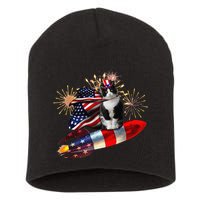 Cat Tuxedo 4th Of July Rocket With Fireworks USA Patriotic Short Acrylic Beanie
