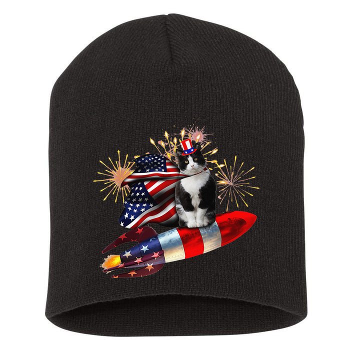 Cat Tuxedo 4th Of July Rocket With Fireworks USA Patriotic Short Acrylic Beanie