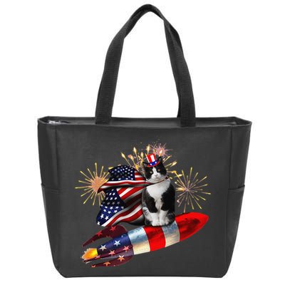 Cat Tuxedo 4th Of July Rocket With Fireworks USA Patriotic Zip Tote Bag