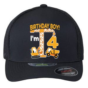 Construction Truck 4nd Birthday 4 Year Old Boy Excavator Flexfit Unipanel Trucker Cap