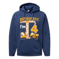 Construction Truck 4nd Birthday 4 Year Old Boy Excavator Performance Fleece Hoodie