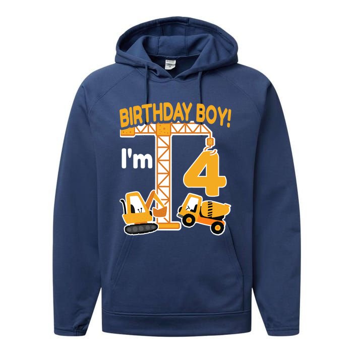 Construction Truck 4nd Birthday 4 Year Old Boy Excavator Performance Fleece Hoodie