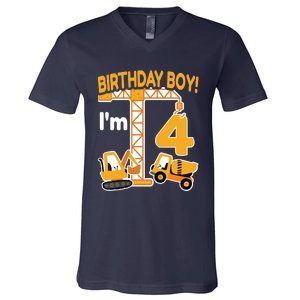 Construction Truck 4nd Birthday 4 Year Old Boy Excavator V-Neck T-Shirt