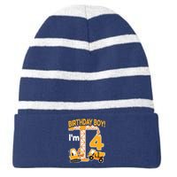 Construction Truck 4nd Birthday 4 Year Old Boy Excavator Striped Beanie with Solid Band