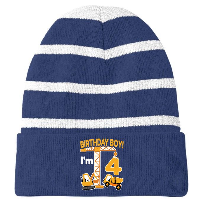 Construction Truck 4nd Birthday 4 Year Old Boy Excavator Striped Beanie with Solid Band