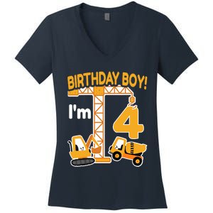 Construction Truck 4nd Birthday 4 Year Old Boy Excavator Women's V-Neck T-Shirt