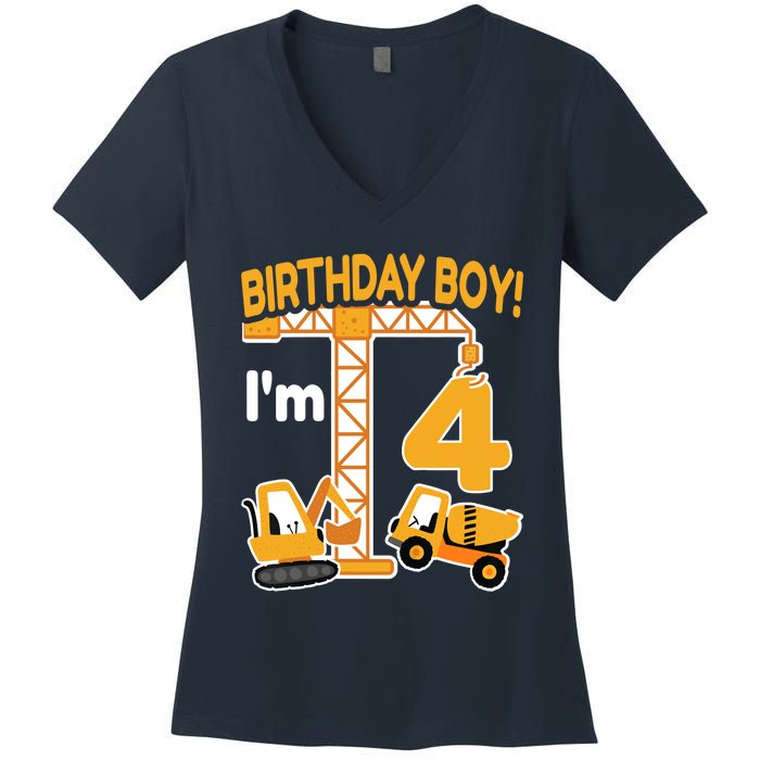 Construction Truck 4nd Birthday 4 Year Old Boy Excavator Women's V-Neck T-Shirt