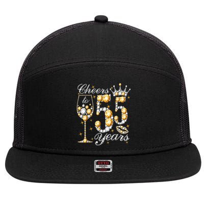 Cheers To 55 Years Old Happy 55th Birthday Queen Drink Wine 7 Panel Mesh Trucker Snapback Hat