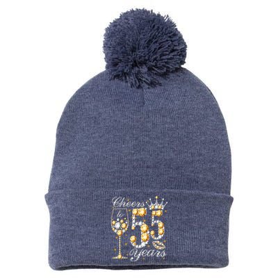 Cheers To 55 Years Old Happy 55th Birthday Queen Drink Wine Pom Pom 12in Knit Beanie