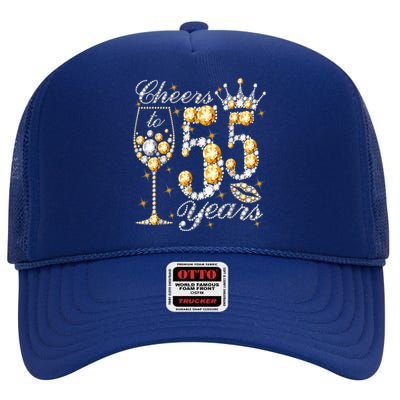 Cheers To 55 Years Old Happy 55th Birthday Queen Drink Wine High Crown Mesh Back Trucker Hat