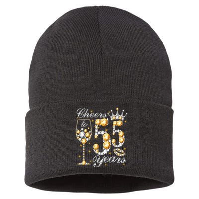 Cheers To 55 Years Old Happy 55th Birthday Queen Drink Wine Sustainable Knit Beanie