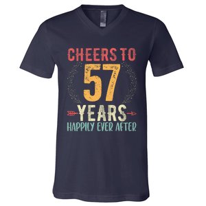 Cheers To 57 Years 57th Wedding Anniversary Husband Wife V-Neck T-Shirt