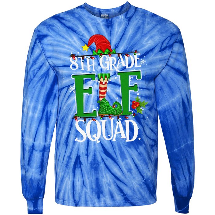 Christmas Teacher 8th Grade Elf Squad Xmas Lights Pajamas Tie-Dye Long Sleeve Shirt