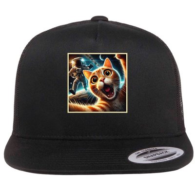Cat Taking A Selfie With Astronaut in Space Flat Bill Trucker Hat