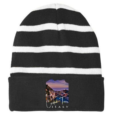 Cinque Terre At Night Cinque Terre Souvenir Striped Beanie with Solid Band