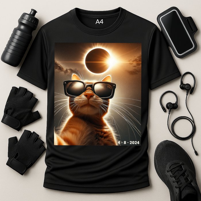 Cat Taking A Selfie With Solar 2024 Eclipse Wearing Glasses Cooling Performance Crew T-Shirt